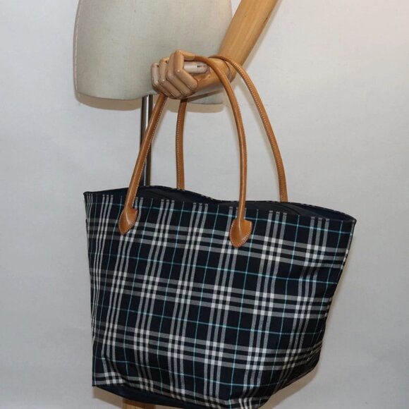 Burberrys Nova Check Blue Label Hand Bag Canvas Navy Auth ti1777 - Picture 3 of 16